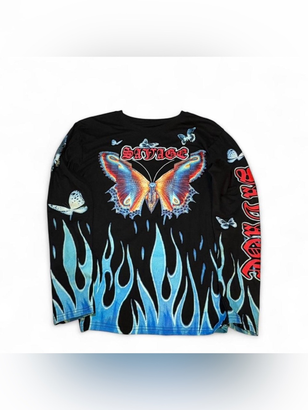 Fresh laundry Y2K Black & Blue Butterfly Flame Graphic Long Sleeve Tee